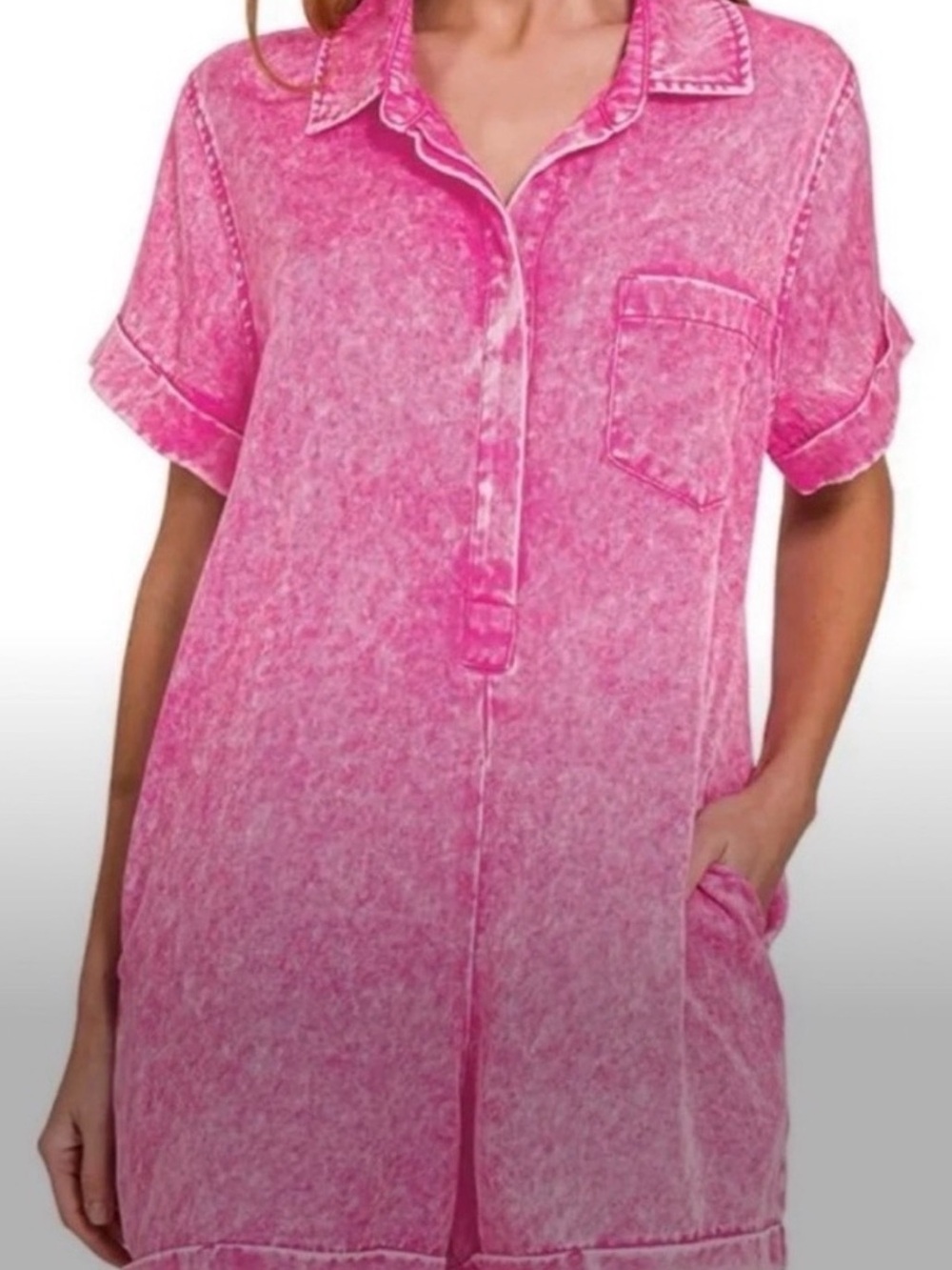 Zenana Pink Acid Wash Buttoned Romper Size L